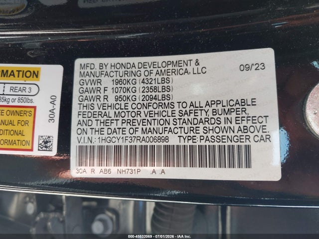 45532069 :رقم المزاد ، 1HGCY1F37RA006898 vin ، 2024 Honda Accord Ex مزاد بيع