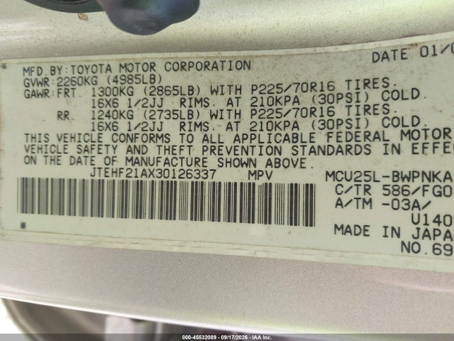 45532089 :رقم المزاد ، JTEHF21AX30126337 vin ، 2003 Toyota Highlander V6 مزاد بيع