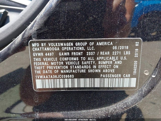 45532090 :رقم المزاد ، 1VWAA7A36JC039563 vin ، 2018 Volkswagen Passat 2.0t R-line/2.0t S مزاد بيع