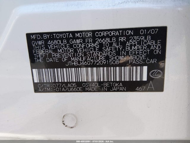 Продаж на аукціоні авто 2007 Lexus Es 350, vin: JTHBJ46G772091508, номер лоту: 45532091