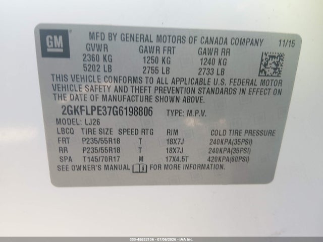 45532106 :رقم المزاد ، 2GKFLPE37G6198806 vin ، 2016 Gmc Terrain Slt مزاد بيع