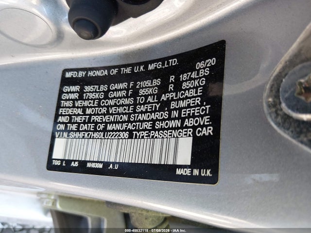 2020 Honda Civic Ex მანქანა იყიდება აუქციონზე, vin: SHHFK7H60LU222306, აუქციონის ნომერი: 45532118