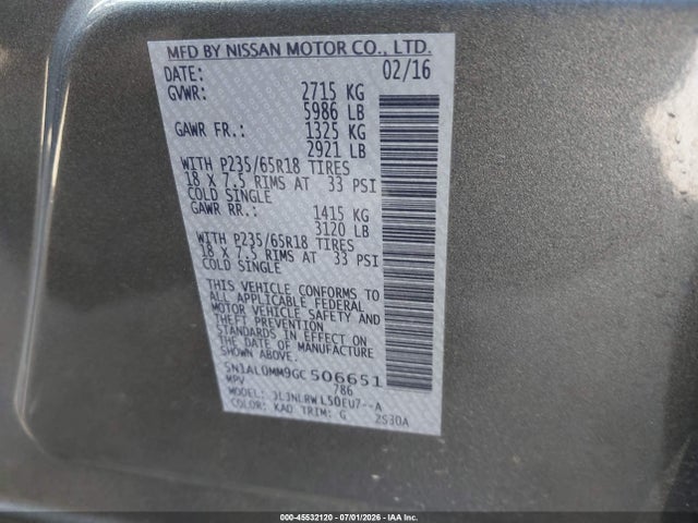 Aukcja sprzedaży 2016 Infiniti Qx60, vin: 5N1AL0MM9GC506651, numer aukcji: 45532120