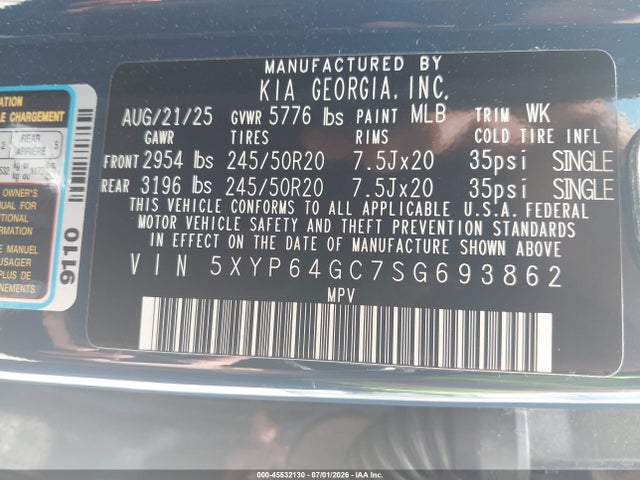 2025 Kia Telluride S მანქანა იყიდება აუქციონზე, vin: 5XYP64GC7SG693862, აუქციონის ნომერი: 45532130