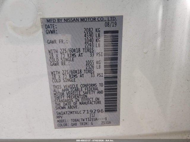 45532137 :رقم المزاد ، 5N1AT2MTXLC719296 vin ، 2020 Nissan Rogue Sv Fwd مزاد بيع