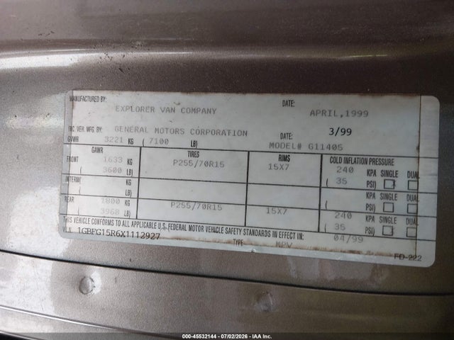 Продажа на аукционе авто 1999 Chevrolet Express Van, vin: 1GBFG15R6X1112927, номер лота: 45532144