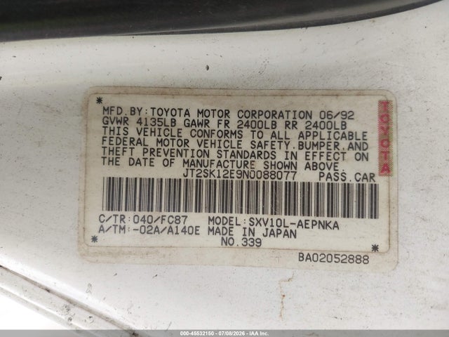 Aukcja sprzedaży 1992 Toyota Camry Le, vin: JT2SK12E9N0088077, numer aukcji: 45532150