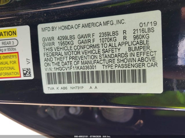 Honda ACCORD LX 2019 1HGCV1F11KA036301 Image 9