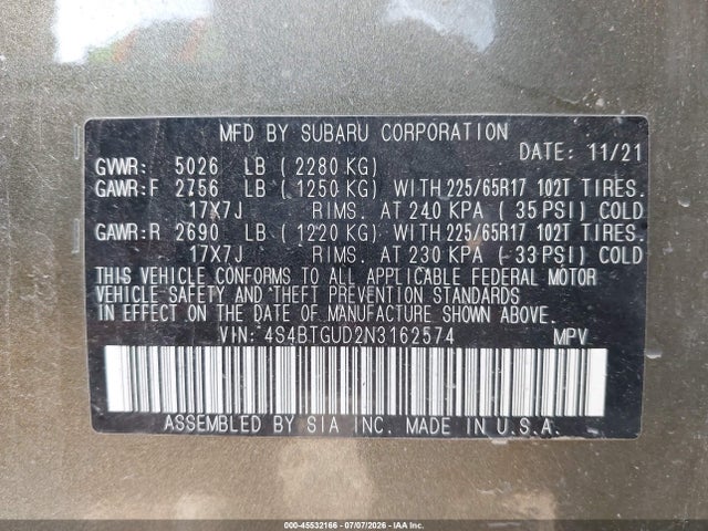Продаж на аукціоні авто 2022 Subaru Outback Wilderness, vin: 4S4BTGUD2N3162574, номер лоту: 45532166