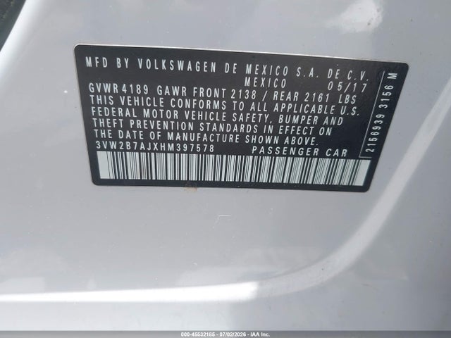 Продажа на аукционе авто 2017 Volkswagen Jetta 1.4t S, vin: 3VW2B7AJXHM397578, номер лота: 45532185