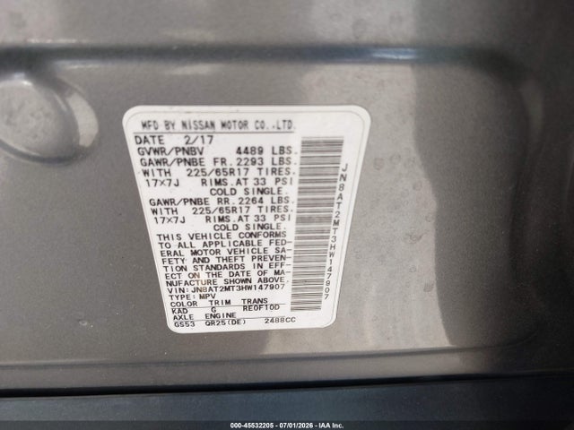 45532205 :رقم المزاد ، JN8AT2MT3HW147907 vin ، 2017 Nissan Rogue Sv مزاد بيع