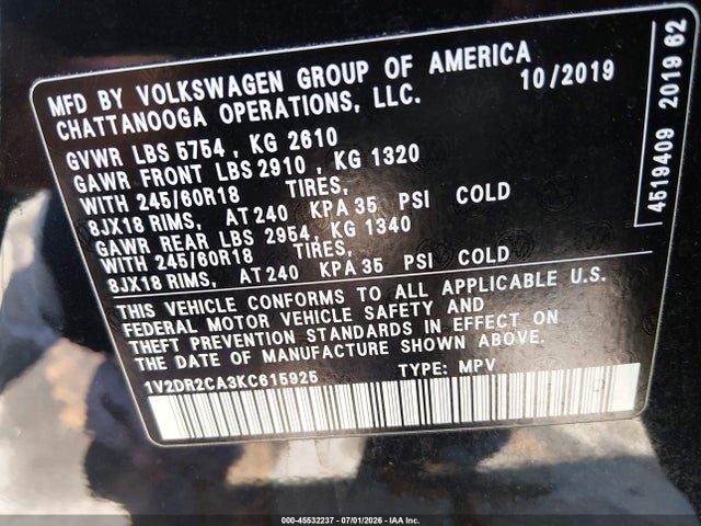 Aukcja sprzedaży 2019 Volkswagen Atlas 3.6l V6 Se, vin: 1V2DR2CA3KC615925, numer aukcji: 45532237
