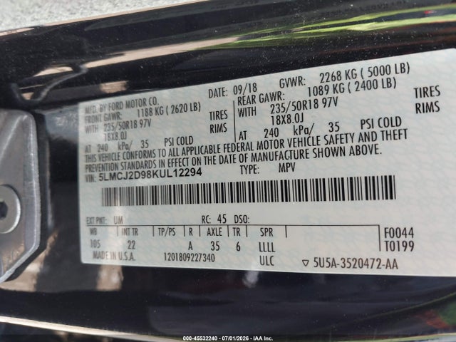Продаж на аукціоні авто 2019 Lincoln Mkc Select, vin: 5LMCJ2D98KUL12294, номер лоту: 45532240