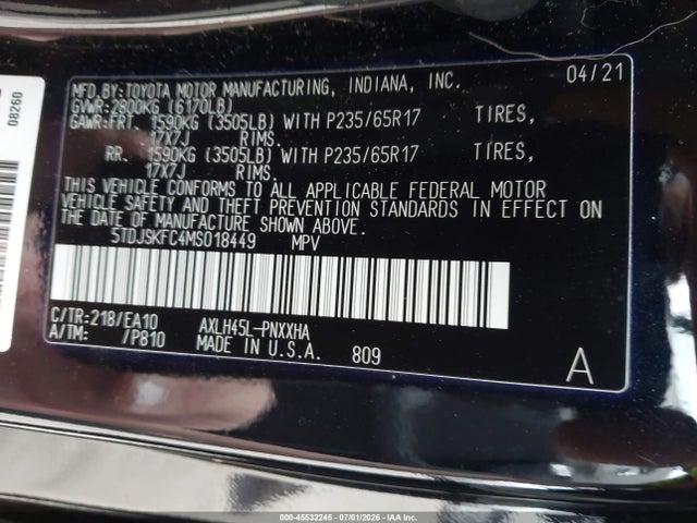 Toyota SIENNA XLE 2021 5TDJSKFC4MS018449 Image 9