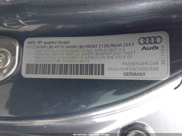 45532254 :رقم المزاد ، WUAVNAFG9CN002938 vin ، 2012 Audi R8 5.2l مزاد بيع