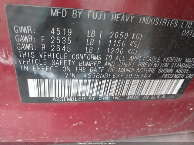 Subaru Legacy 2.5i Limited 2015 4S3BNBL6XF3035464 Image 9