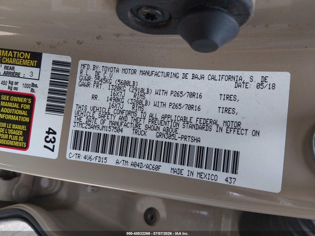 45532266 :رقم المزاد ، 3TMCZ5AN9JM157504 vin ، 2018 Toyota Tacoma Trd Off Road مزاد بيع