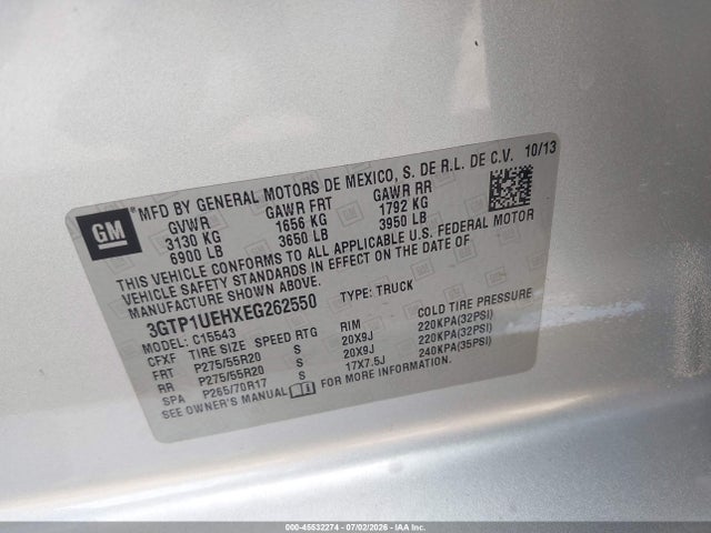 2014 Gmc Sierra 1500 Sle მანქანა იყიდება აუქციონზე, vin: 3GTP1UEHXEG262550, აუქციონის ნომერი: 45532274