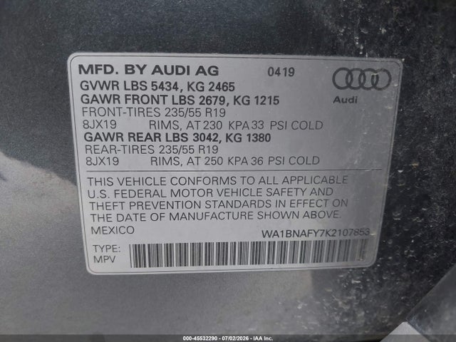 Продаж на аукціоні авто 2019 Audi Q5 45 Premium, vin: WA1BNAFY7K2107853, номер лоту: 45532290