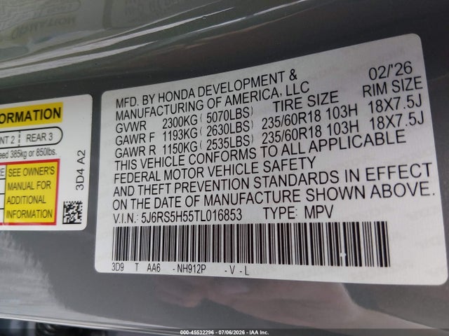 2026 Honda Cr-v Hybrid 2wd Sport მანქანა იყიდება აუქციონზე, vin: 5J6RS5H55TL016853, აუქციონის ნომერი: 45532296