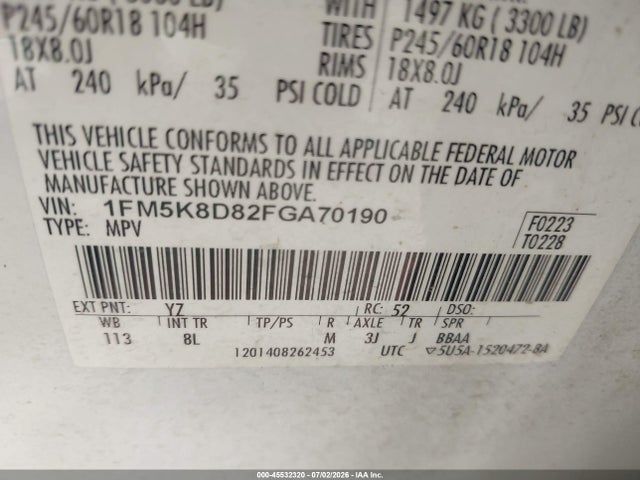 Продаж на аукціоні авто 2015 Ford Explorer Xlt, vin: 1FM5K8D82FGA70190, номер лоту: 45532320