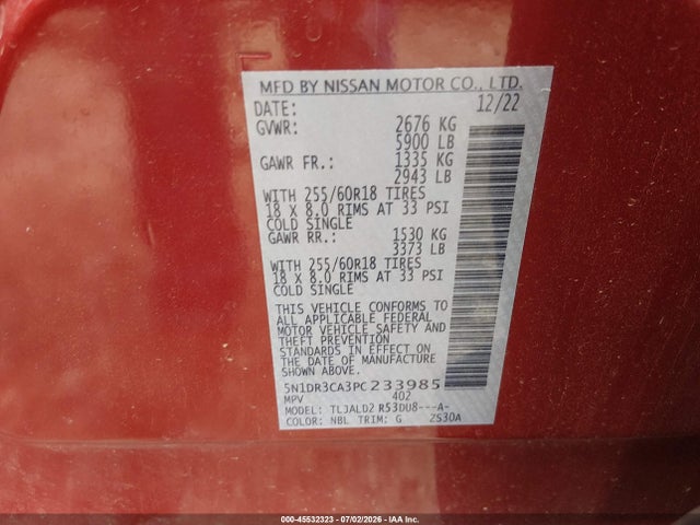Продаж на аукціоні авто 2023 Nissan Pathfinder Sl Fwd, vin: 5N1DR3CA3PC233985, номер лоту: 45532323