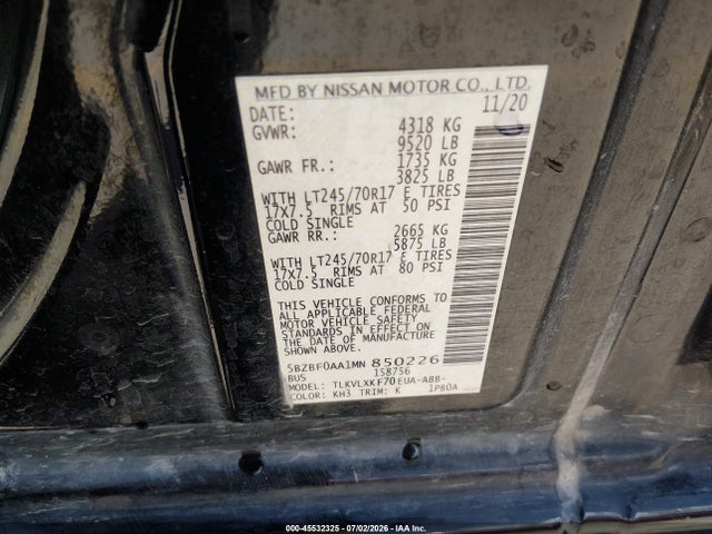 45532325 :رقم المزاد ، 5BZBF0AA1MN850226 vin ، 2021 Nissan Nv Passenger Nv3500 Hd Sv مزاد بيع