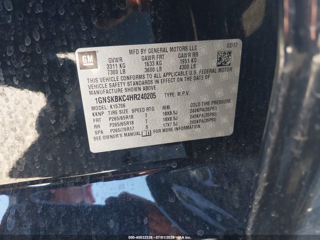 Продажа на аукционе авто 2017 Chevrolet Tahoe Lt, vin: 1GNSKBKC4HR240205, номер лота: 45532326