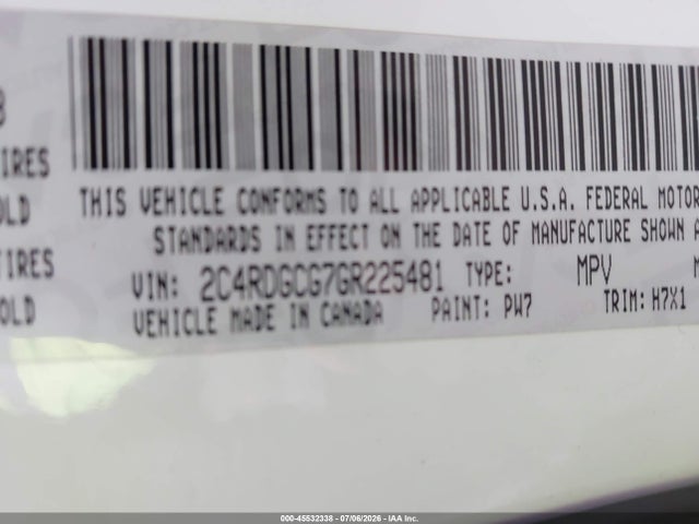 Auction sale of the 2016 Dodge Grand Caravan Sxt, vin: 2C4RDGCG7GR225481, lot number: 45532338