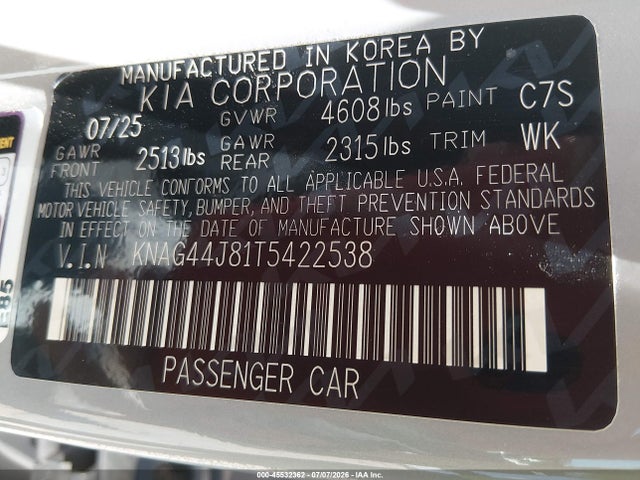Продажа на аукционе авто 2026 Kia K5 Gt, vin: KNAG44J81T5422538, номер лота: 45532362