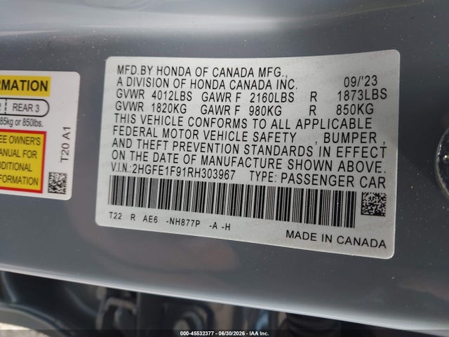 2HGFE1F91RH303967 Honda Civic Touring