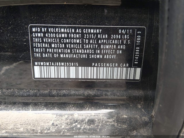 Aukcja sprzedaży 2011 Volkswagen Golf Tdi 4-door, vin: WVWDM7AJ8BW293815, numer aukcji: 45532379