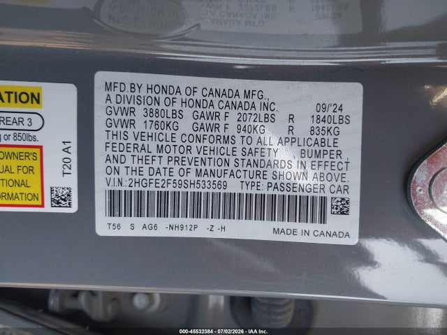 Honda Civic Sport 2025 2HGFE2F59SH533569 Image 9