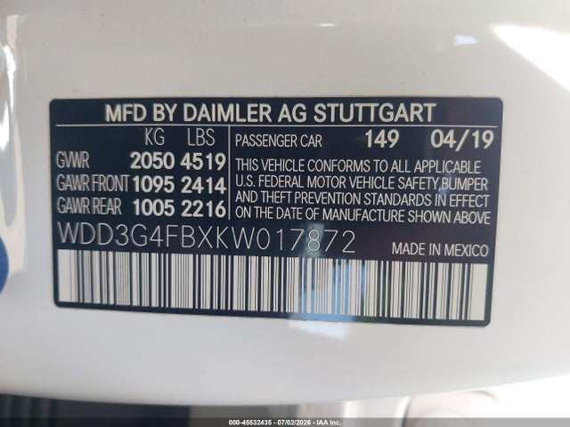 2019 Mercedes-benz A 220 4matic მანქანა იყიდება აუქციონზე, vin: WDD3G4FBXKW017872, აუქციონის ნომერი: 45532435