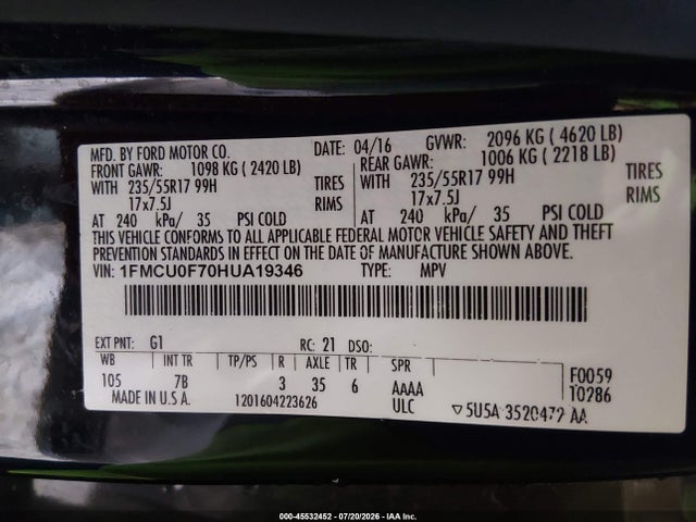 45532452 :رقم المزاد ، 1FMCU0F70HUA19346 vin ، 2017 Ford Escape S مزاد بيع