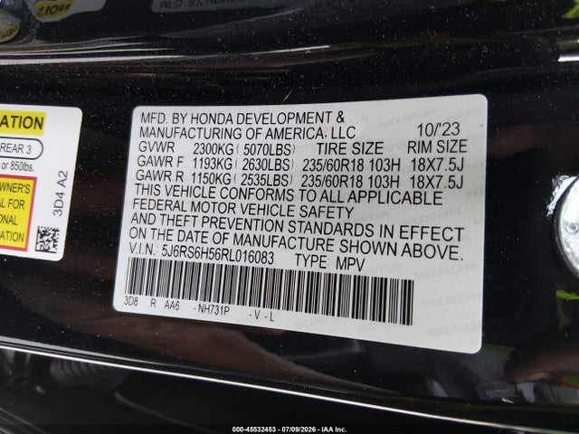 2024 Honda Cr-v Hybrid Sport მანქანა იყიდება აუქციონზე, vin: 5J6RS6H56RL016083, აუქციონის ნომერი: 45532453