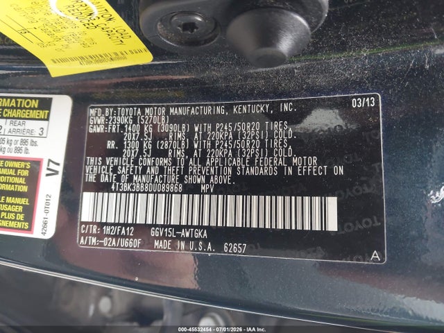 Продаж на аукціоні авто 2013 Toyota Venza Le V6, vin: 4T3BK3BB8DU089868, номер лоту: 45532454