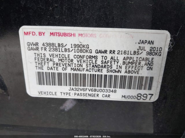 2011 Mitsubishi Lancer Ralliart მანქანა იყიდება აუქციონზე, vin: JA32V6FV6BU003348, აუქციონის ნომერი: 45532456