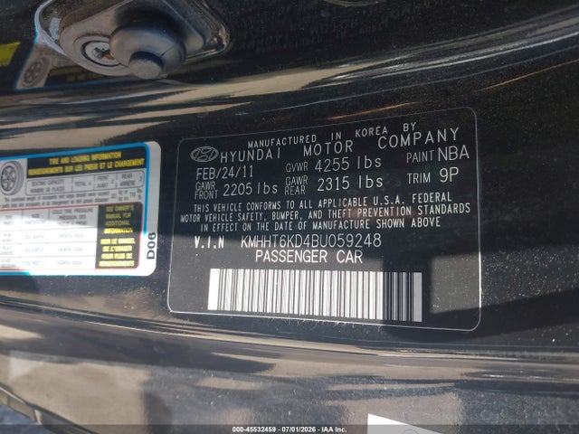 45532459 :رقم المزاد ، KMHHT6KD4BU059248 vin ، 2011 Hyundai Genesis 2.0t مزاد بيع