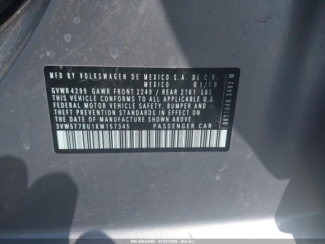 45532460 :رقم المزاد ، 3VW5T7BU1KM157345 vin ، 2019 Volkswagen Jetta Gli 2.0t 35th Anniversary Edition/2.0t Autobahn/2.0t S مزاد بيع