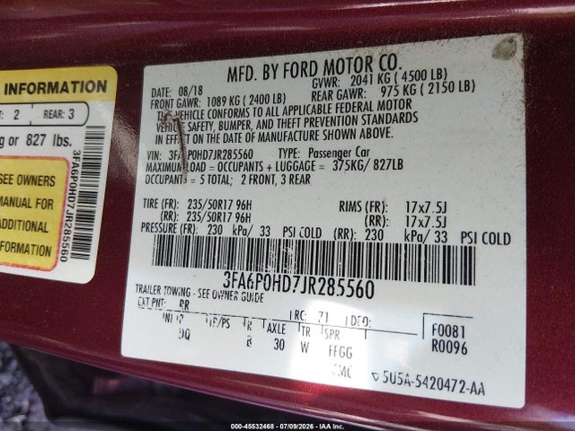 Ford FUSION SE 2018 3FA6P0HD7JR285560 Image 9