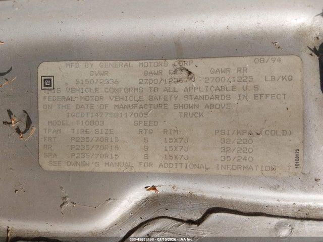 Продаж на аукціоні авто 1995 Chevrolet S Truck S10, vin: 1GCDT14Z7S8117005, номер лоту: 45532498