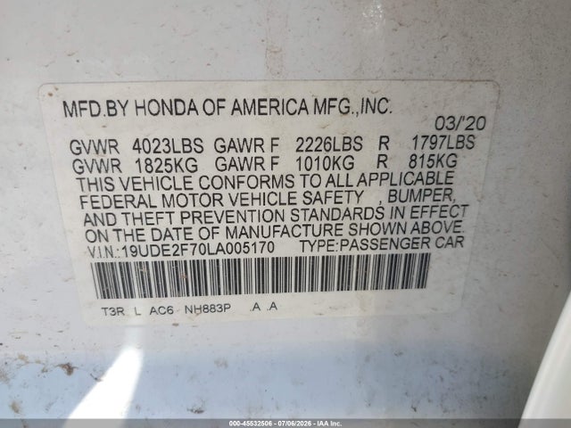 Продаж на аукціоні авто 2020 Acura Ilx, vin: 19UDE2F70LA005170, номер лоту: 45532506