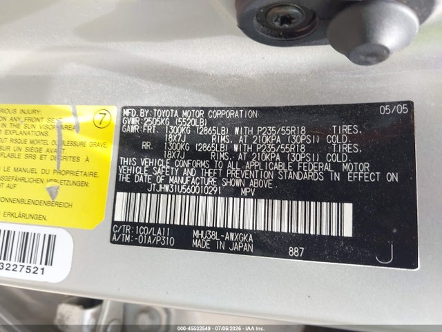 45532549 :رقم المزاد ، JTJHW31U560010291 vin ، 2006 Lexus Rx 400h مزاد بيع
