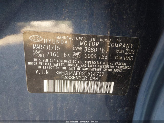 Продажа на аукционе авто 2016 Hyundai Elantra Se, vin: KMHDH4AE8GU514737, номер лота: 45532555