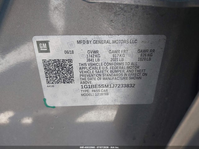 2018 Chevrolet Cruze Lt Auto მანქანა იყიდება აუქციონზე, vin: 1G1BE5SM1J7233832, აუქციონის ნომერი: 45532560