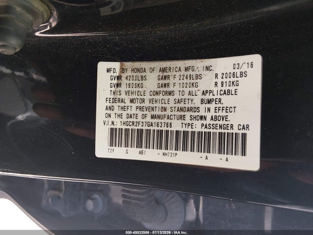 45532586 :رقم المزاد ، 1HGCR2F37GA163766 vin ، 2016 Honda Accord Lx مزاد بيع
