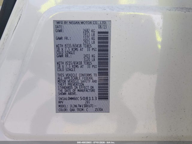 Aukcja sprzedaży 2014 Infiniti Qx60, vin: 5N1AL0MM6EC508113, numer aukcji: 45532603