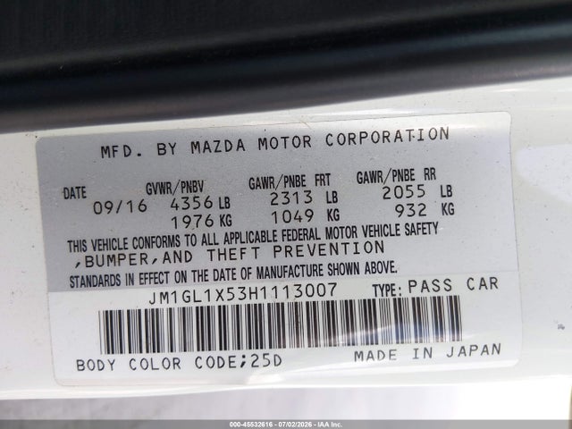 Aukcja sprzedaży 2017 Mazda Mazda6 Grand Touring, vin: JM1GL1X53H1113007, numer aukcji: 45532616
