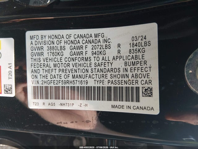 2024 Honda Civic Sport მანქანა იყიდება აუქციონზე, vin: 2HGFE2F59RH571619, აუქციონის ნომერი: 45532620